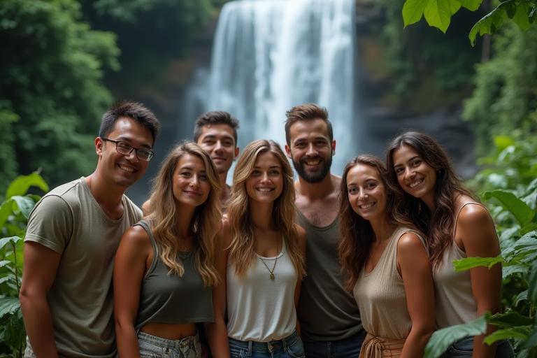 Tropical North Adventures team smiling in front of a waterfall