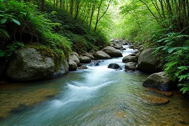 Clear creek in the rainforest with rocks