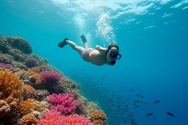 Person snorkeling near colourful coral