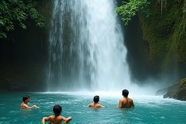 People swimming under a rainforest waterfall