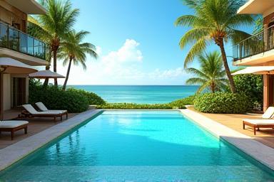 Tropical resort pool overlooking the ocean